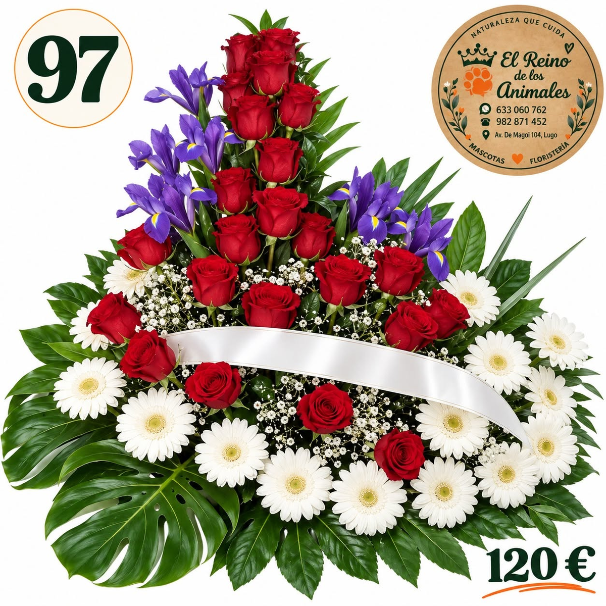 Centro de flores nº97 con rosas rojas, iris morados, gerberas blancas, paniculata, follaje verde y cinta blanca