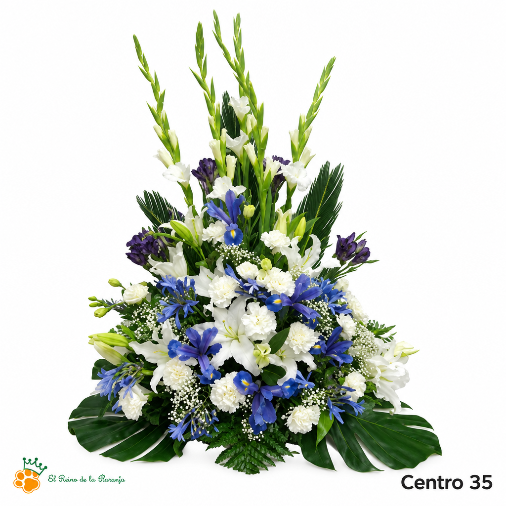 Centro de Flores nº35 con gladiolos blancos y flores azules y moradas sobre fondo blanco con logo de la tienda.