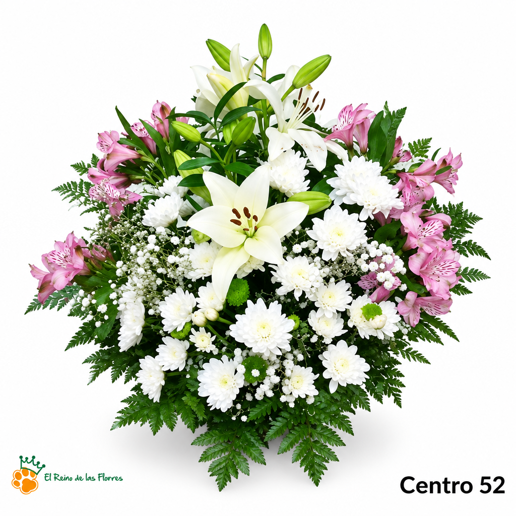 Centro de Flores nº52 con liliums blancos, alstroemerias rosa, flores blancas y helechos sobre fondo blanco con logo de la tienda.