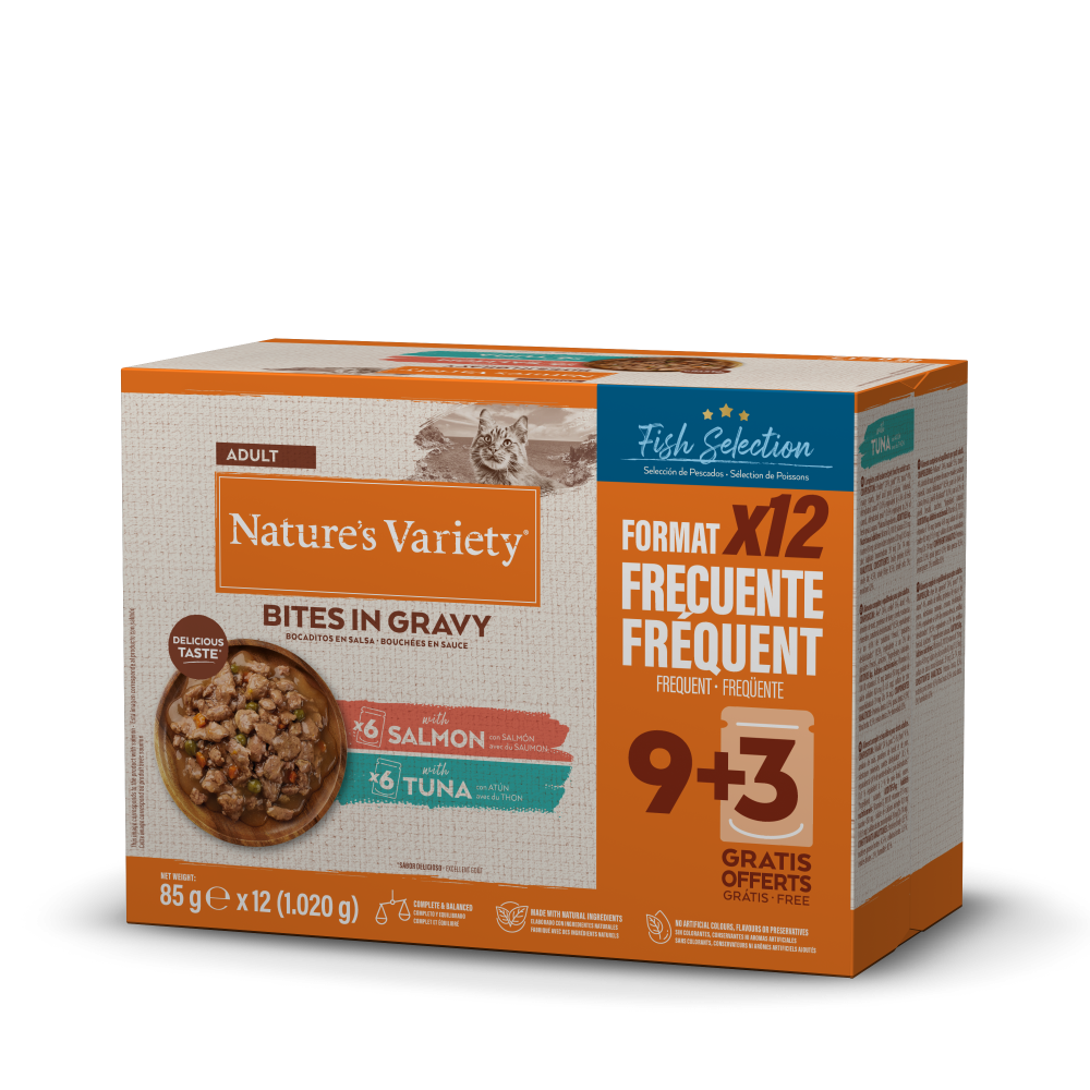 Nature's Variety Bocaditos en Salsa Multipack - Comida Húmeda con Pescado para Gatos 12x85g
