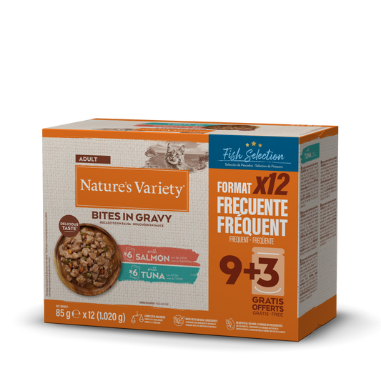 Nature's Variety Bocaditos en Salsa Multipack - Comida Húmeda con Pescado para Gatos 12x85g