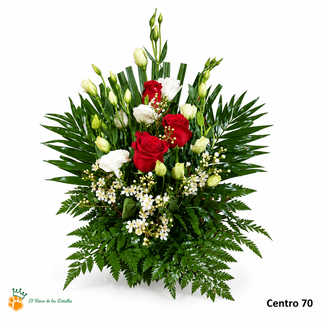 Centro de Flores nº70 con rosas rojas, flores blancas y follaje verde sobre fondo blanco con logo de la tienda.