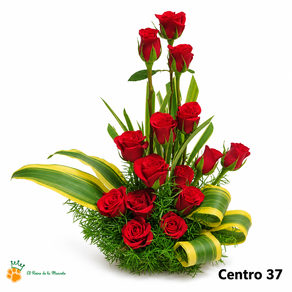 Centro de Flores nº37 con rosas rojas y hojas verdes de bordes amarillos sobre fondo blanco con logo de la tienda.