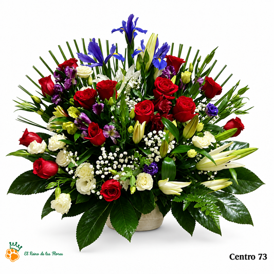 Centro de Flores nº73 - Rosas Rojas y Blancas, Liliums e Iris Azules