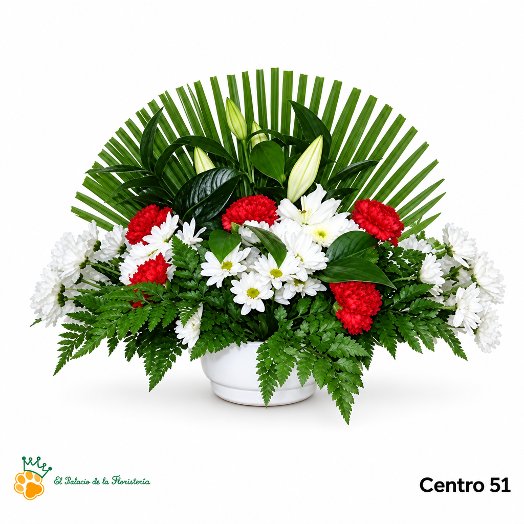 Centro de Flores nº51 con claveles rojos, flores blancas y follaje verde en recipiente blanco, con logo de la tienda.