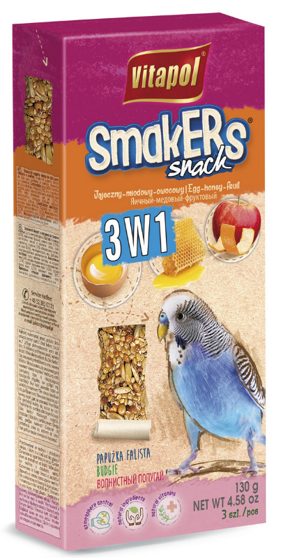 Vitapol Smakers 3 en 1 para Periquitos 130g – Barritas de huevo, miel y fruta