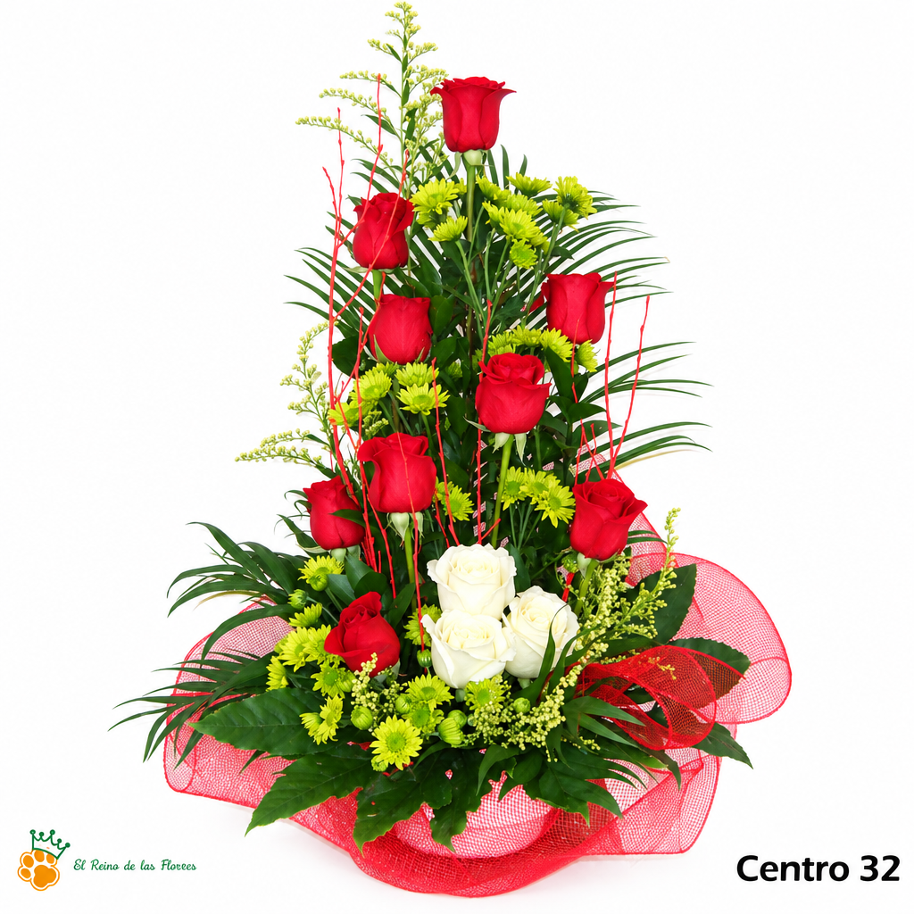 Centro de Flores nº32 - Rosas Rojas y Blancas con Flores Verdes