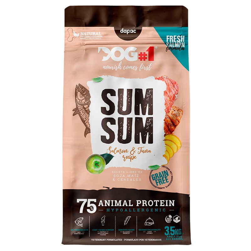 Sum Sum Pienso sin cereales con salmón y atún para perros con alergias y digestión sensible – 3,5 kg