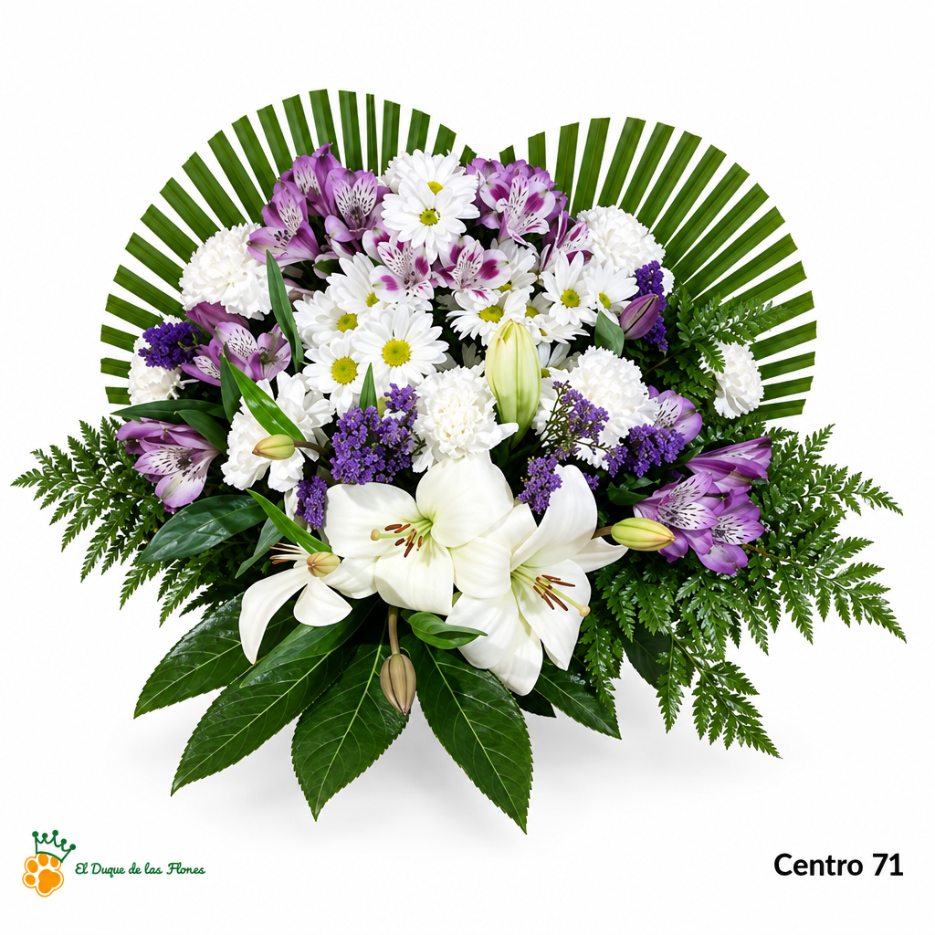 Centro de Flores nº71 con liliums blancos, alstroemerias malva y follaje verde sobre fondo blanco con logo de la tienda.