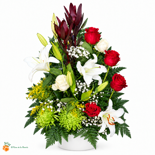 Centro de flores nº75 – Rosas rojas y liliums blancos