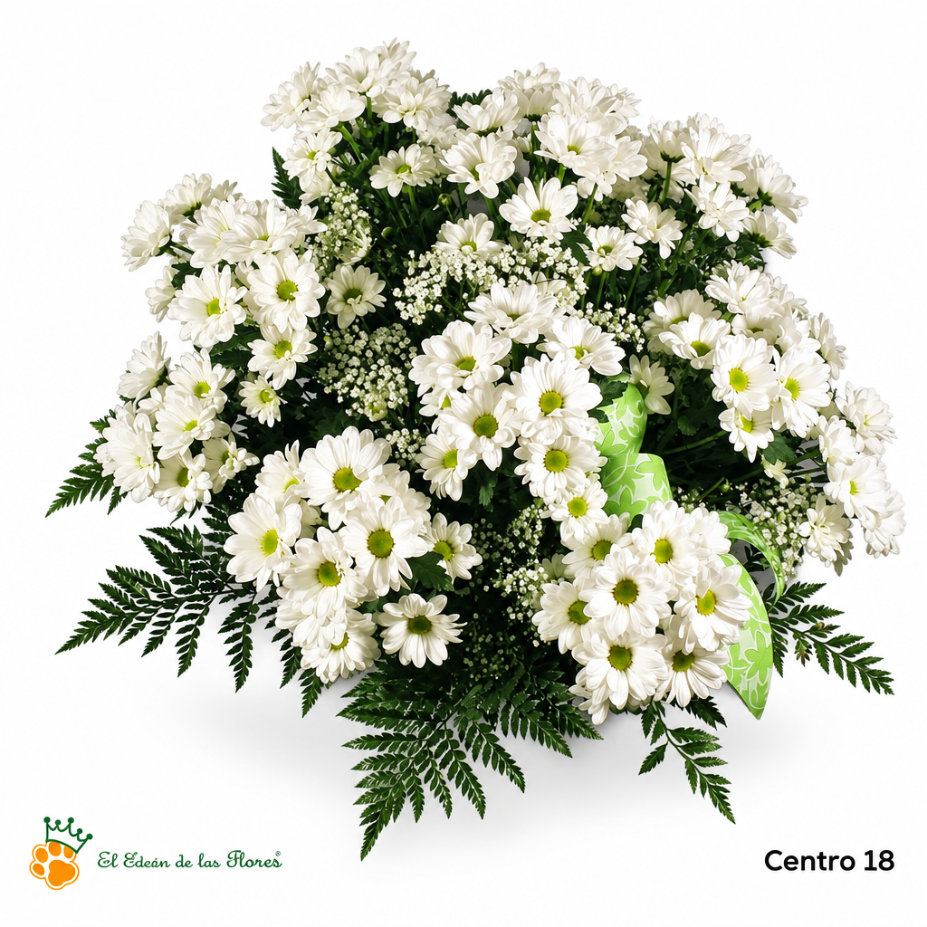 Centro de Flores nº18 de margaritas blancas con follaje verde y lazo verde claro, sobre fondo blanco con el logo de la tienda.