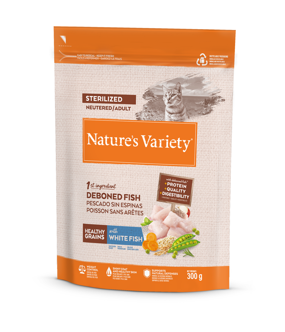 Nature's Variety Healthy Grain Sterilized Pienso con Pescado Blanco para Gatos Esterilizados – 300 g