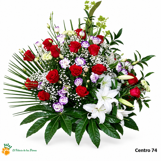 Centro de Flores nº74 - Rosas Rojas, Liliums Blancos y Flores Bicolores