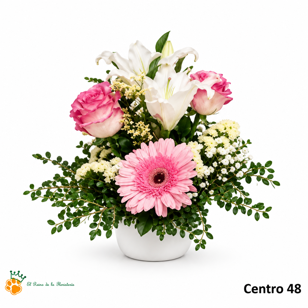 Centro de Flores nº48 con gerbera rosa, rosas y lilium blanco en tarro blanco, sobre fondo blanco con logo de la tienda.