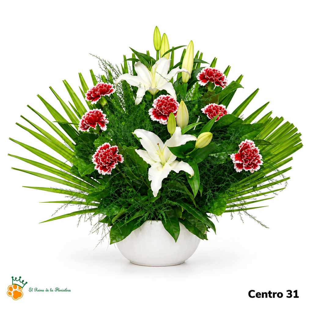 Centro nº31 con liliums blancos y claveles rojos de borde blanco en recipiente blanco, con fondo blanco y logo.