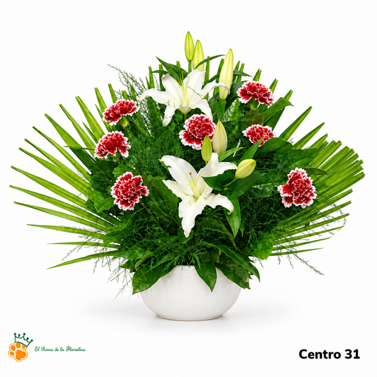 Centro nº31 con liliums blancos y claveles rojos de borde blanco en recipiente blanco, con fondo blanco y logo.