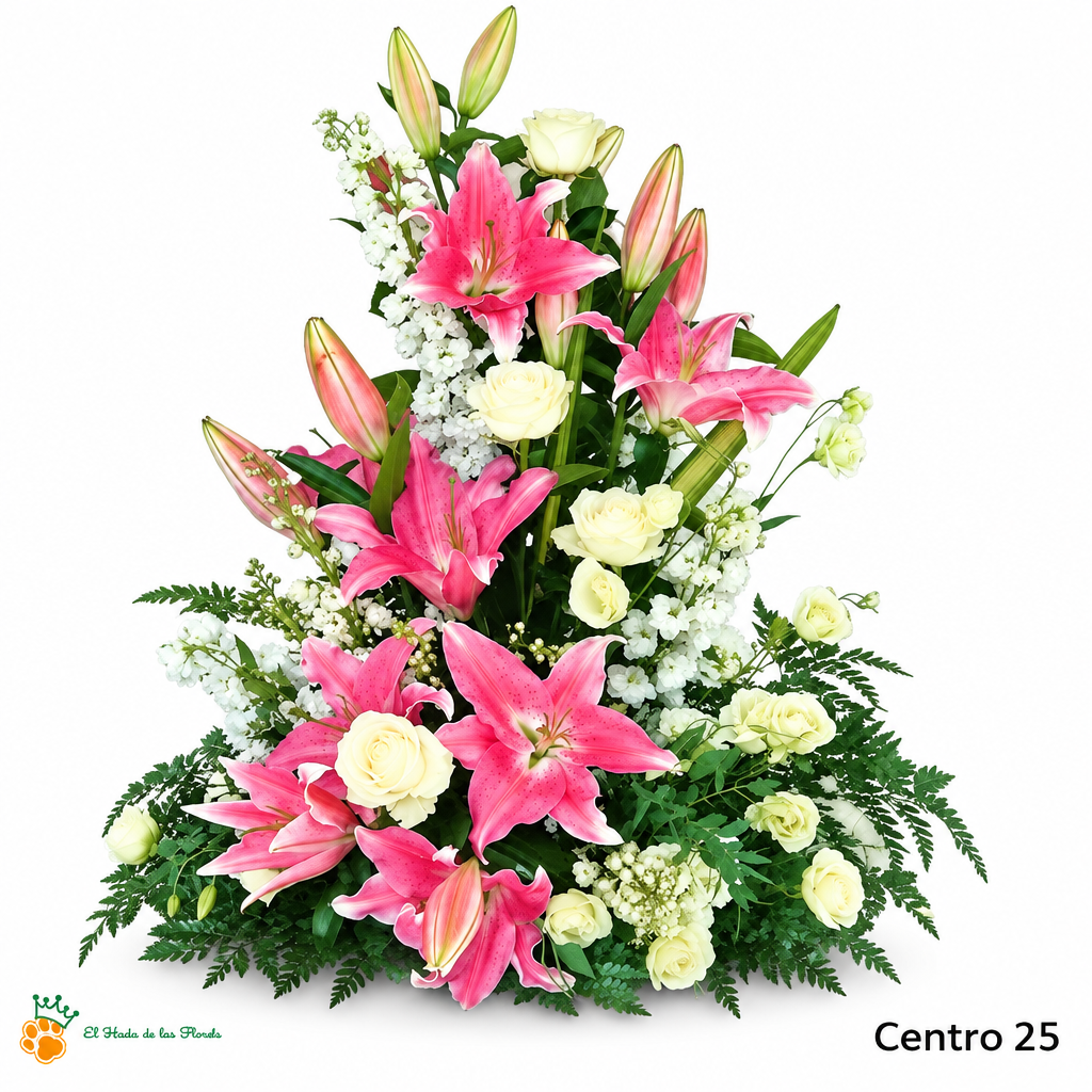 Centro de Flores nº25 con liliums rosados y rosas blancas sobre fondo blanco y logo de la tienda.
