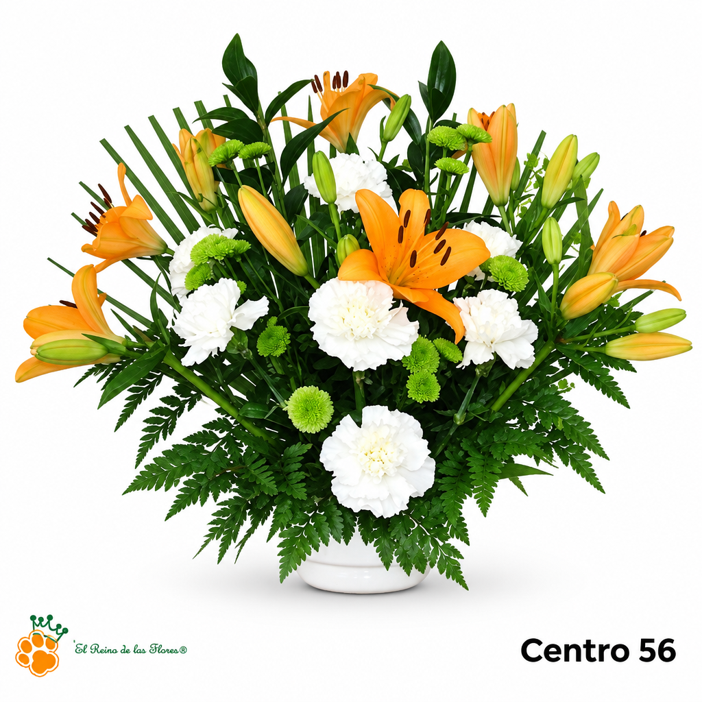 Centro de Flores nº56 con liliums naranja, claveles blancos y follaje verde en recipiente blanco, con logo de la tienda.