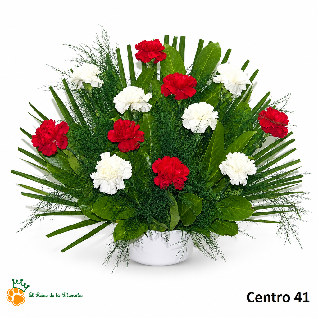 Centro de Flores nº41 con claveles rojos y blancos, hojas de palma y follaje verde sobre fondo blanco con logo de la tienda.