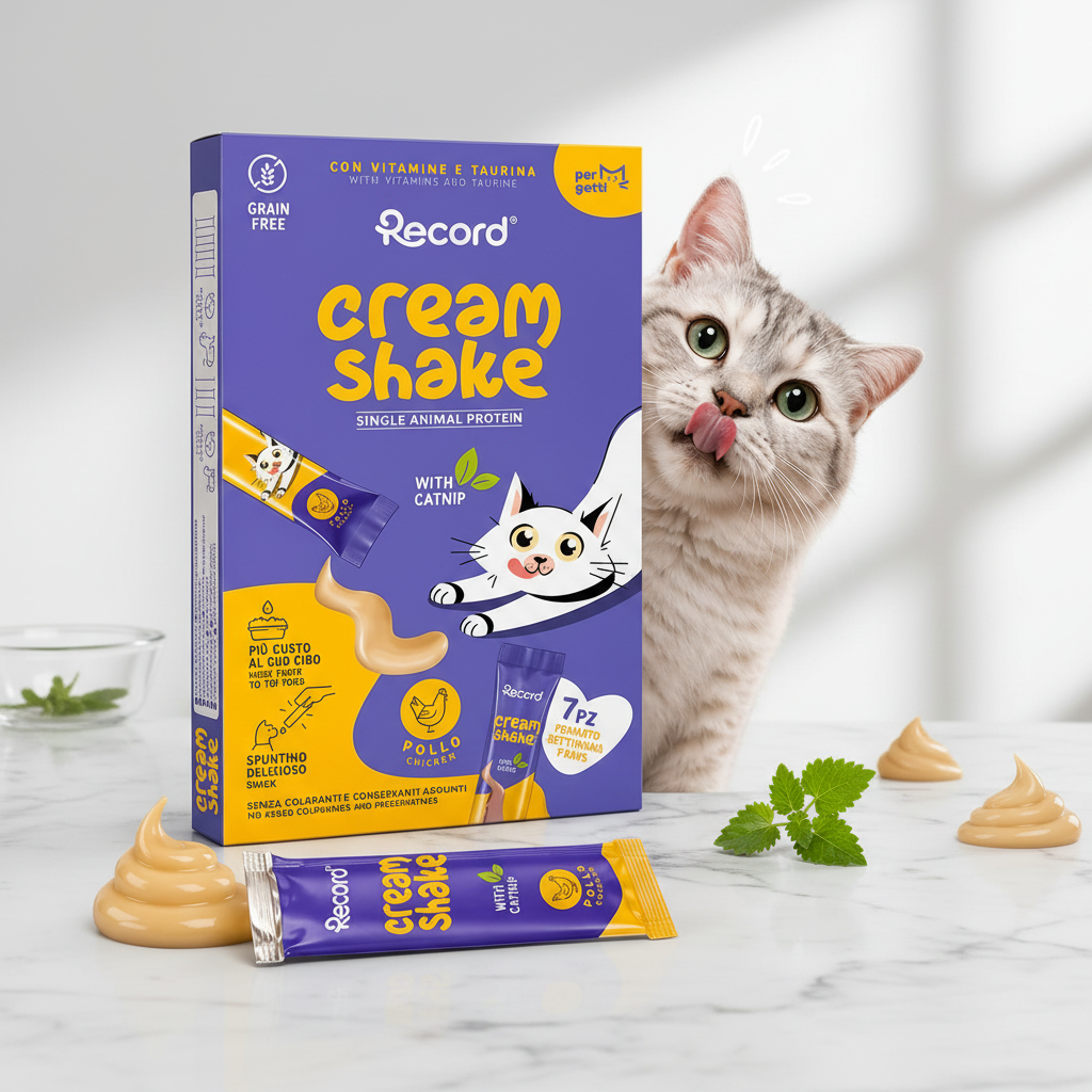 Record Cream Shake Pollo y Catnip Snack Líquido Grain Free para Gatos – 7x12 g