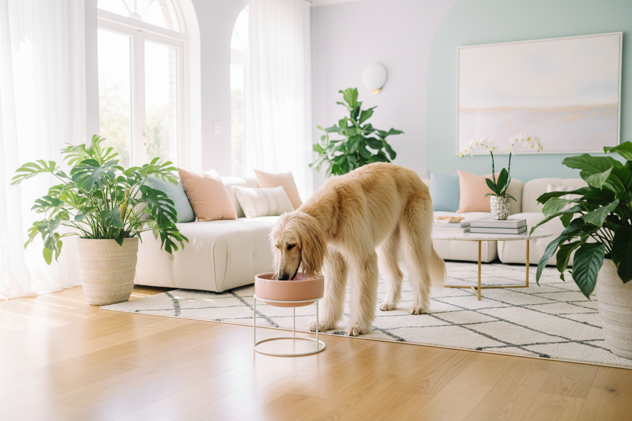 Perro comiendo en comedero elevado salón elegante