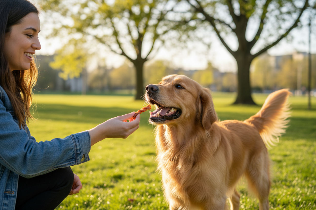 Perro recibiendo snack en parque con luz natural