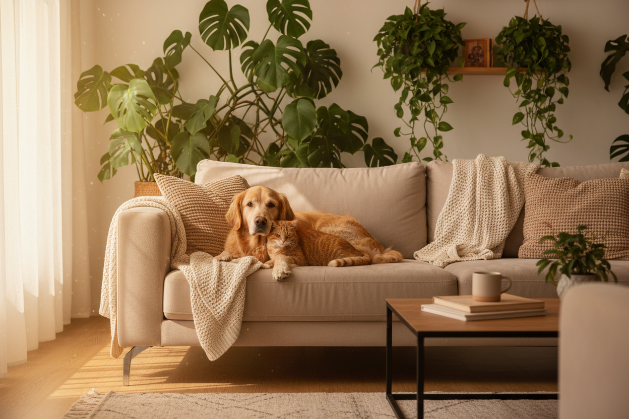 Perro y gato en salón acogedor con plantas