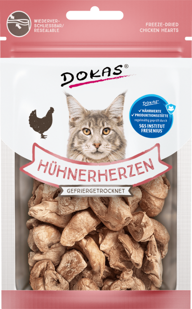 Corazones de pollo liofilizados para gatos DOKAS, 15 g
