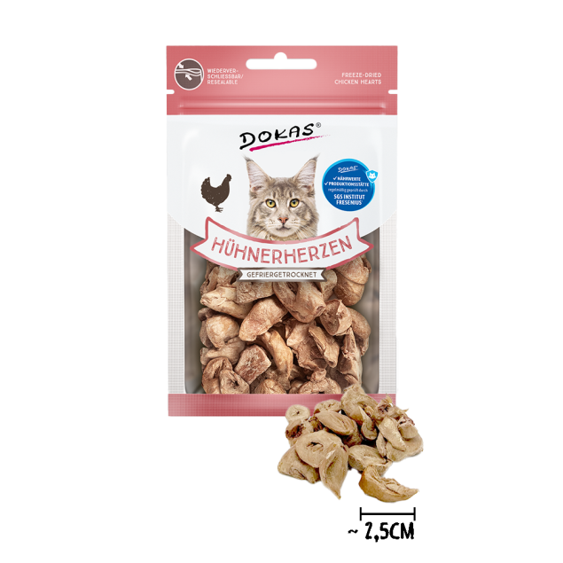 Corazones de pollo liofilizados para gatos DOKAS, 15 g