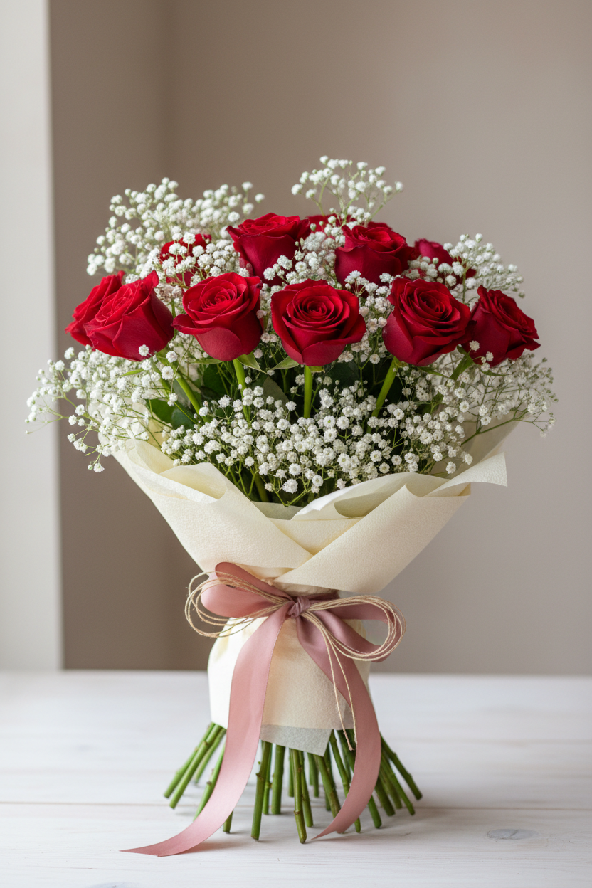 Ramo de 12 Rosas Rojas con Paniculata