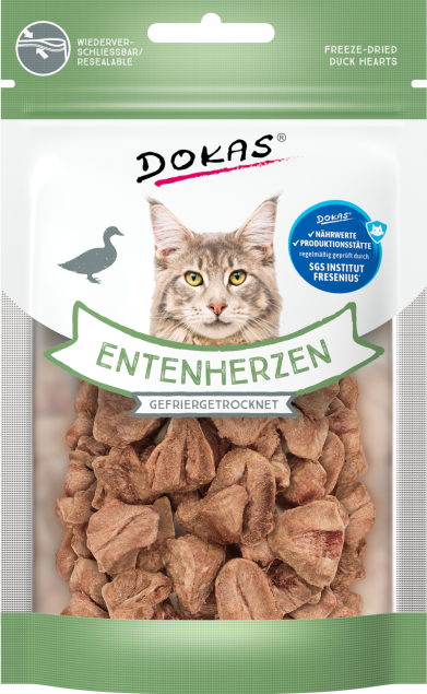 Corazones de pato liofilizados para gatos DOKAS, 15 g