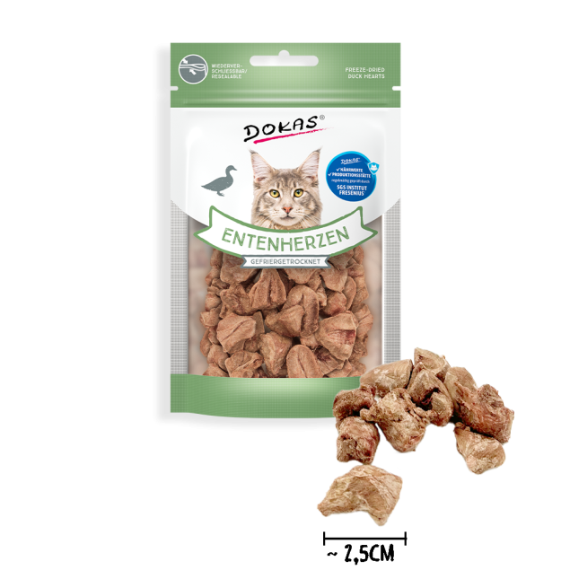 Corazones de pato liofilizados para gatos DOKAS, 15 g